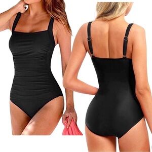Slimming Dark Goth Black One Piece Tummy Control Swimwear Wide Straps Si…